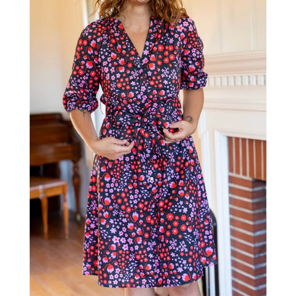 NWT Lesley Evers Harriet Dress Floral Blossom Breeze Red Short Slv Tie Waist XL